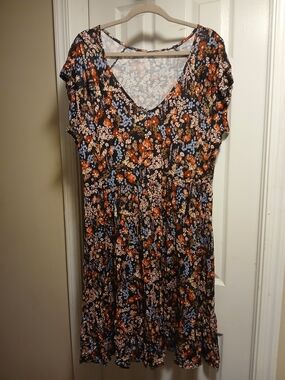 Lascana Soft Floral V-Neck Women’s Dress in Black Orange Blue Flowers Sz.48L